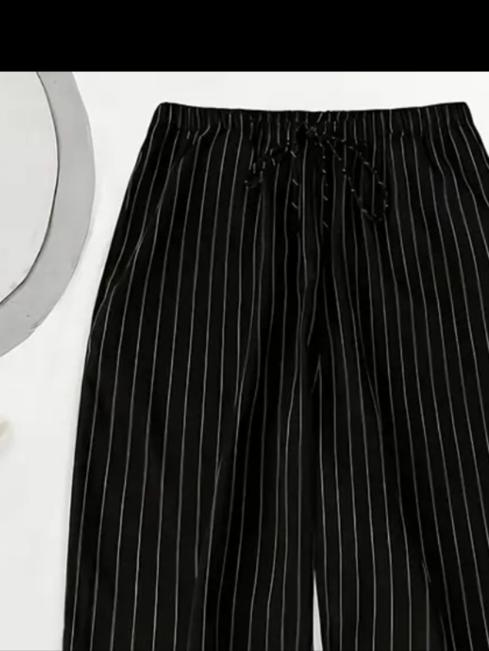 Black Pinstripe High Waiated Wide-Leg Drawstring Pants